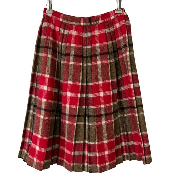Pandora Wool Skirt Size 10 Pleated Red Gray Plaid Side Zipper Vintage 1950s - Picture 1 of 6